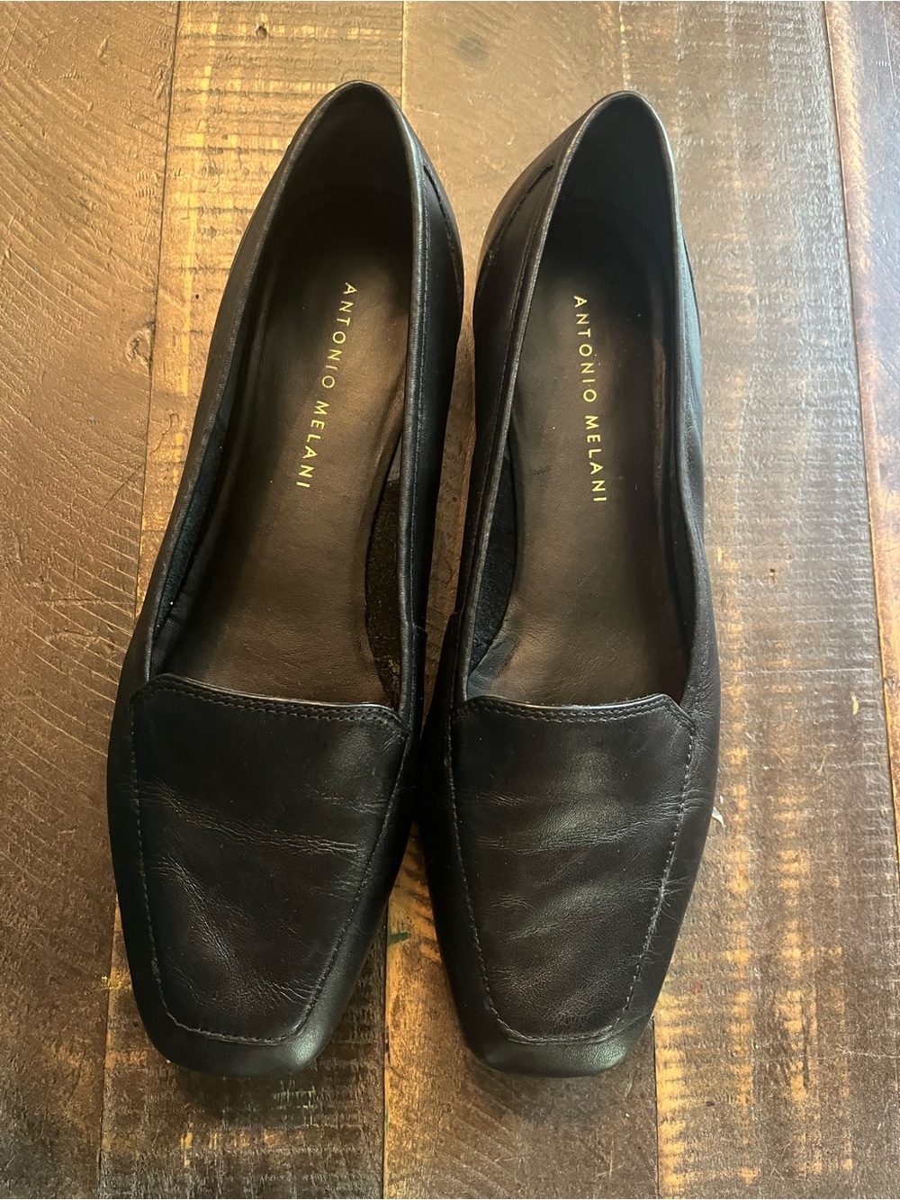 ANTONIO MELANI Black Leather Square-Toe Loafers